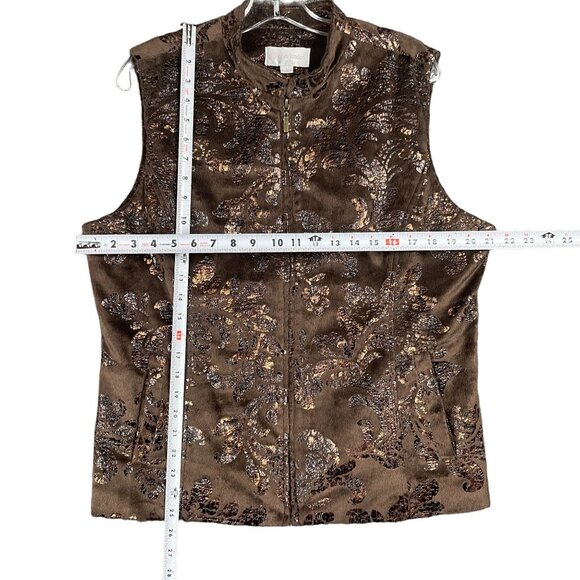 Erin London Vest L Brown Velvet Full Zip Metallic Warm Pockets Cozy Office Work - Picture 10 of 13